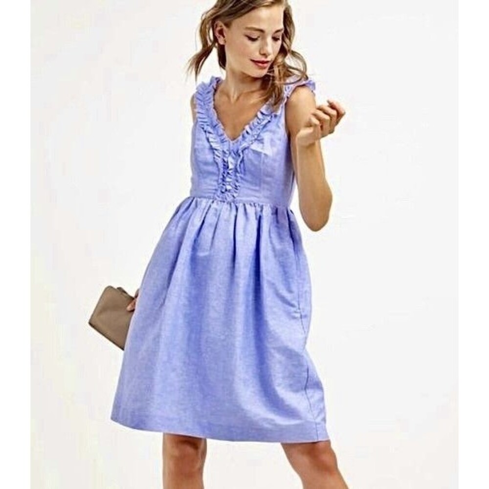 Banana Republic Women 2 Dress Sleeveless Ruffle Neck Chambray Blue Coastal NEW